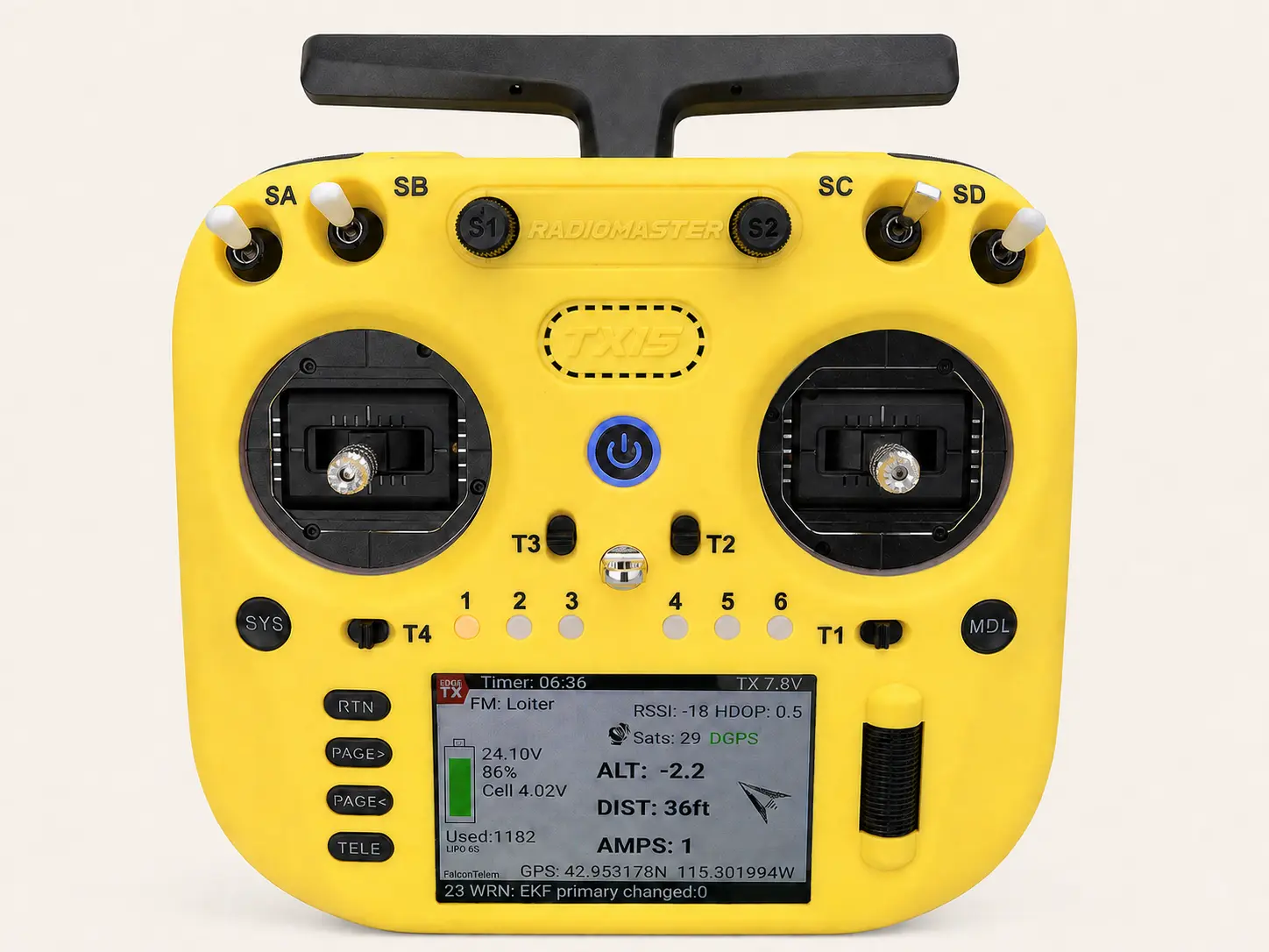 RadioMaster transmitter displaying live Hunter UAV flight telemetry