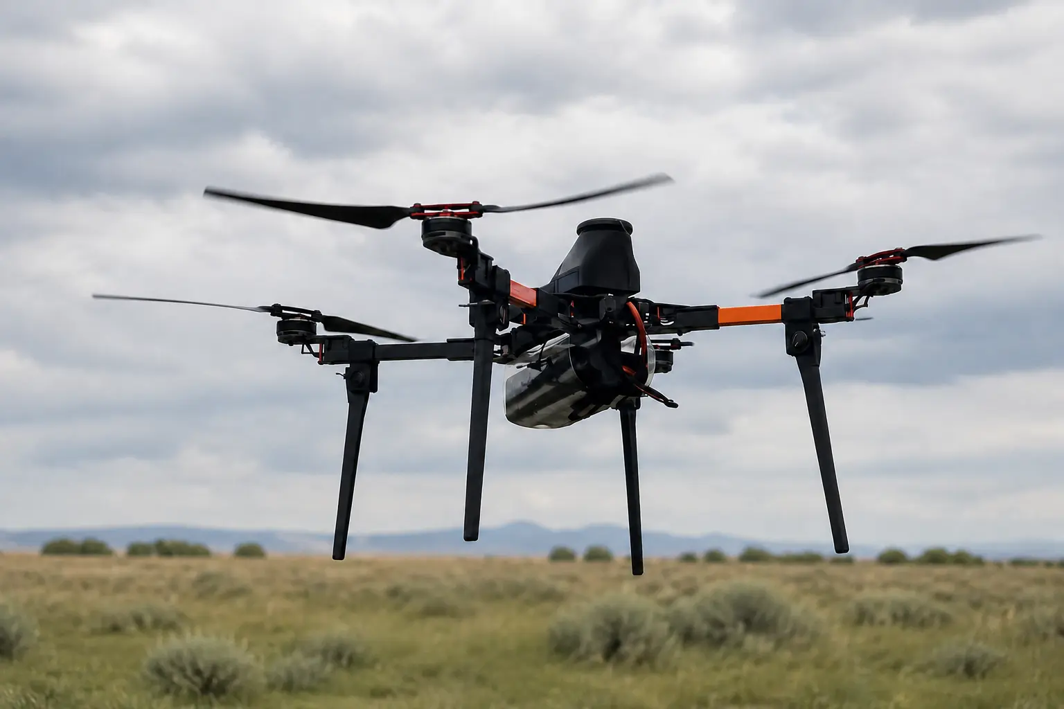Hunter UAV flying over open falcon-training terrain